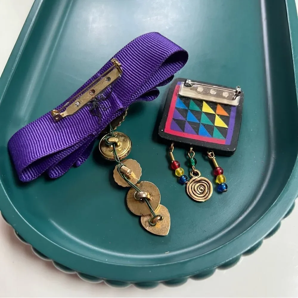 Quirky Artsy Vintage Handmade One of a Kind 1990s 2 Piece Dangly Brooches Lot